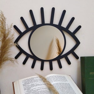 Boho wall decor black eye mirror, Evil eye mirror living room decor, All seeing eye modern wood mirror
