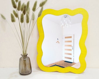 Small wall mirror 13,8" wavy shape yellow, Rectangular wavy mirror, Asymmetrical mirror, Aesthetic mirror, Mirror wall décor, Funky mirror