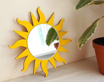 Sonnenspiegel gelb, Sunburst Wandspiegel, Sonnenspiegel, Boho Wanddeko, Wanddeko Sonne, Eklektische Sonnendeko Holz, Sonnenspiegel für Mädchen