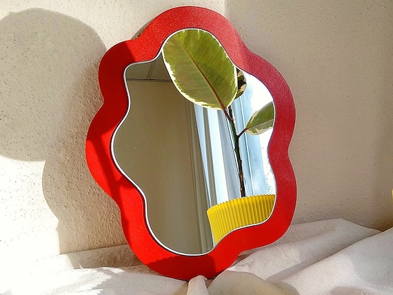 Decorative mirror, Red mirror, Handmade mirror, Accent mirror, Oval wood mirror, Aesthetic room decor, Vanity mirror, Small wall mirror