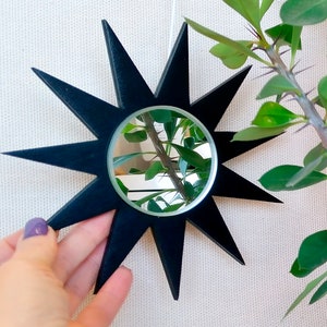Small decorative mirror for wall, Black geometric mirror, Sun or star wooden wall mirror, Little pointed mirror