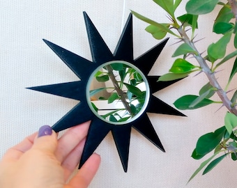 Black Geometric Wooden Wall Mirror, Small Sun Star Decor
