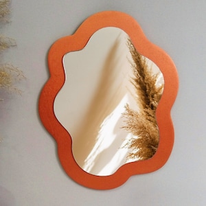 Small wavy mirror wall decor gold orange, Brass irregular decorative mirror, Gold oval squiggle fun mirror, Asymmetrical wall mirror