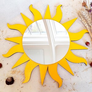 Yellow sun boho mirror, Wooden sunburst mirror for wall, Yellow boho nursery wall decor