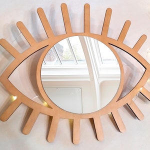 Beige wooden eye mirror, Evil eye wall decor, Third eye wall decorative mirror