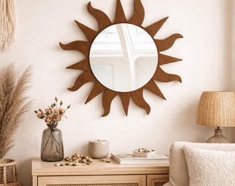 Dark Brown Sunburst Mirror, Wood Frame, Handmade Sun Wall Hanging, Boho Decor