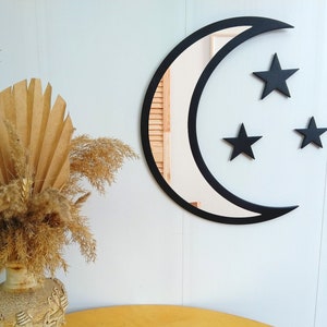 Black moon mirror for wall, Moon child boho mirror, Scandinavian mirror wall decor