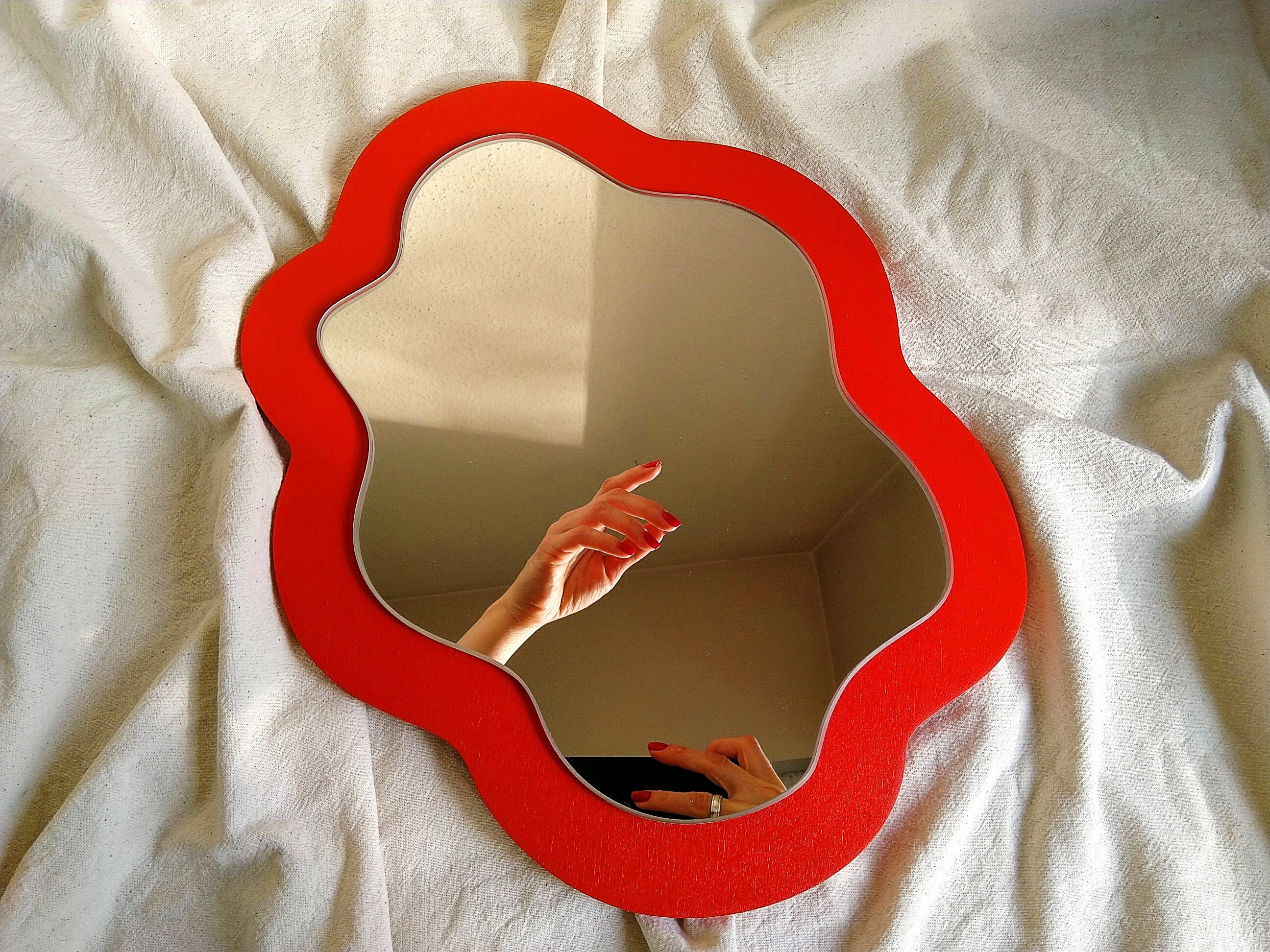 Red Small Wall Mirror Decor Wavy Shape Etsy