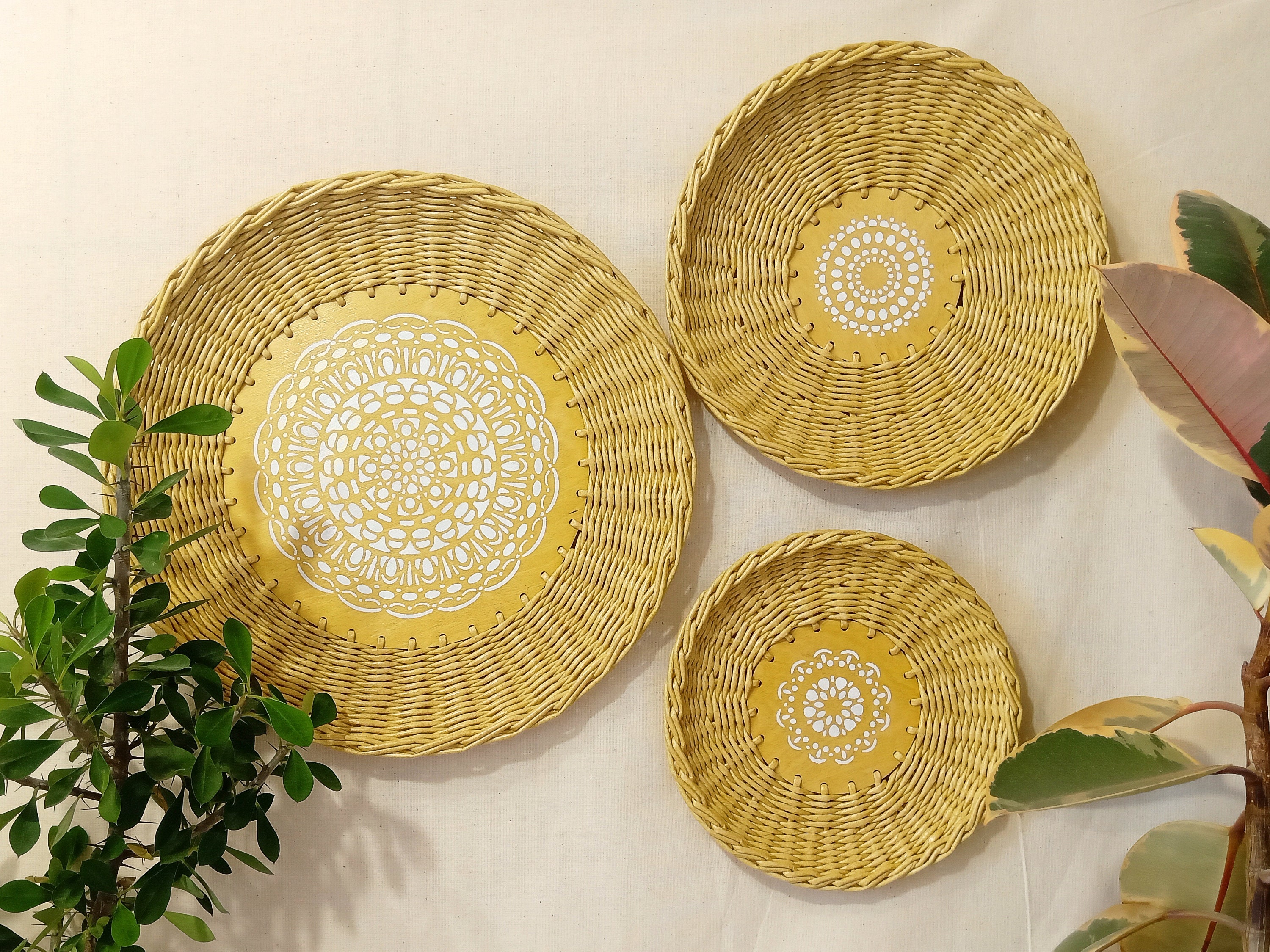 Wicker wall baskets boho wall decor set of 3 Over bed wall Etsy