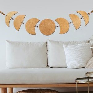 Bedroom boho wall decor over the bed, Above couch wall decor, Large horizontal moon phase wall hanging, Moon bohemian wall hanging