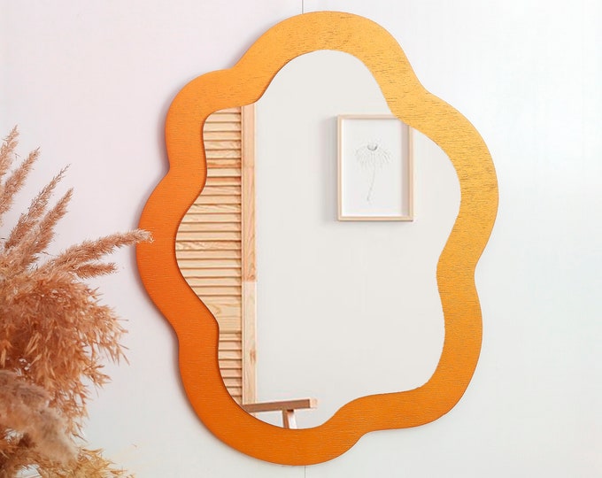 Gold oval wavy mirror wall decor, Wooden irregular decorative mirror, Golden squiggle mirror