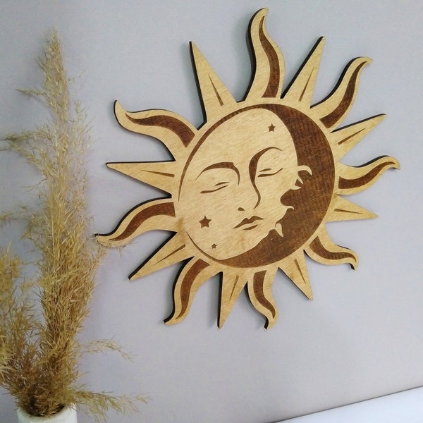 Décoration murale bohème d'art mural visage soleil et lune, décoration de chambre d'enfant visage soleil lune, décoration de salon suspendue soleil lune