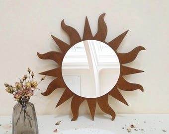 Hölzerner Sonnenspiegel-Wand-Dekor, dunkelbraunes Kinderzimmer Sunburst Spiegel