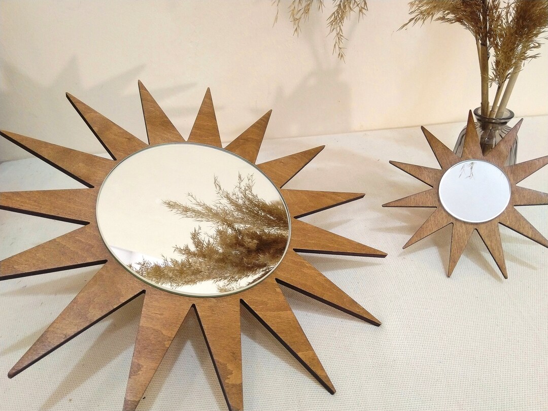 Sunburst Mirror Wall Decor Set of 2 Brown, Star Shaped Mirror 2pc Large