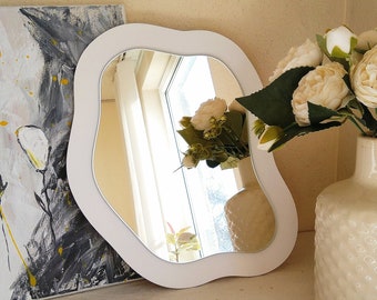 Asymmetrical Wall Mirror, White Wavy Frame, Decorative Glass
