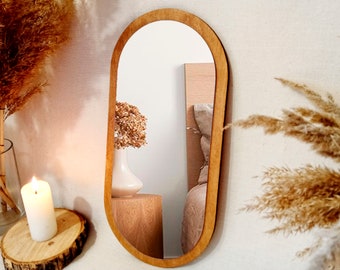 Small wall mirror 13,8" brown, Little decorative mirror for wall, Small accent vanity mirror, Wood mirror cute, Oval mirror wall decor