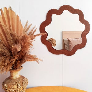Blob wavy mirror for wall, Circle irregular mirror, Small round mirror with wooden frame, Housewarming gift, New home gift