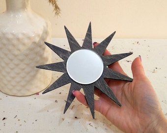 Small star mirror celestial decor, Little sunburst mirror wall decor, Decorative pointed sun with small round mirror, Mini mirror wood frame