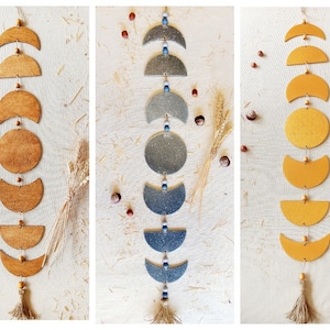 Moon phase living room boho wall decor, Wooden phases of the moon wall hanging above couch, Housewarming gift boho