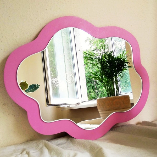 Miroir ondulé nuage rose, décor mural miroir irrégulier, miroir asymétrique, miroir décoratif, miroir esthétique, plaisir de miroir nuage pépinière