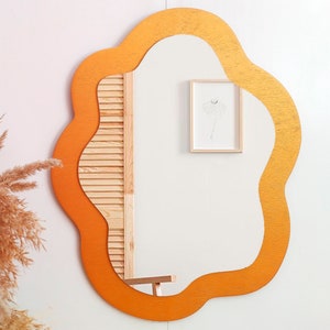 Gold oval wavy wall mirror, Wooden irregular decorative mirror, Gold wavy mirror