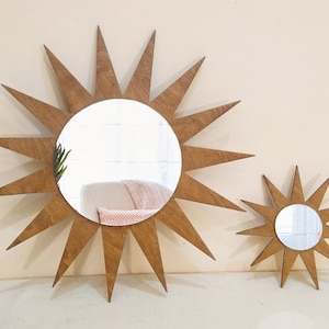 Sunburst mirror set of 2, Sun decorative mirror, Starburst mirror, Wood sun shape mirror wall decor, Vintage sun mirror, Small boho mirror