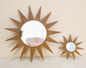 Sunburst spiegel set van 2 Sun decoratieve spiegel Starburst spiegel Hout zon vorm spiegel wand decor Vintage zonnespiegel Kleine boho spiegel