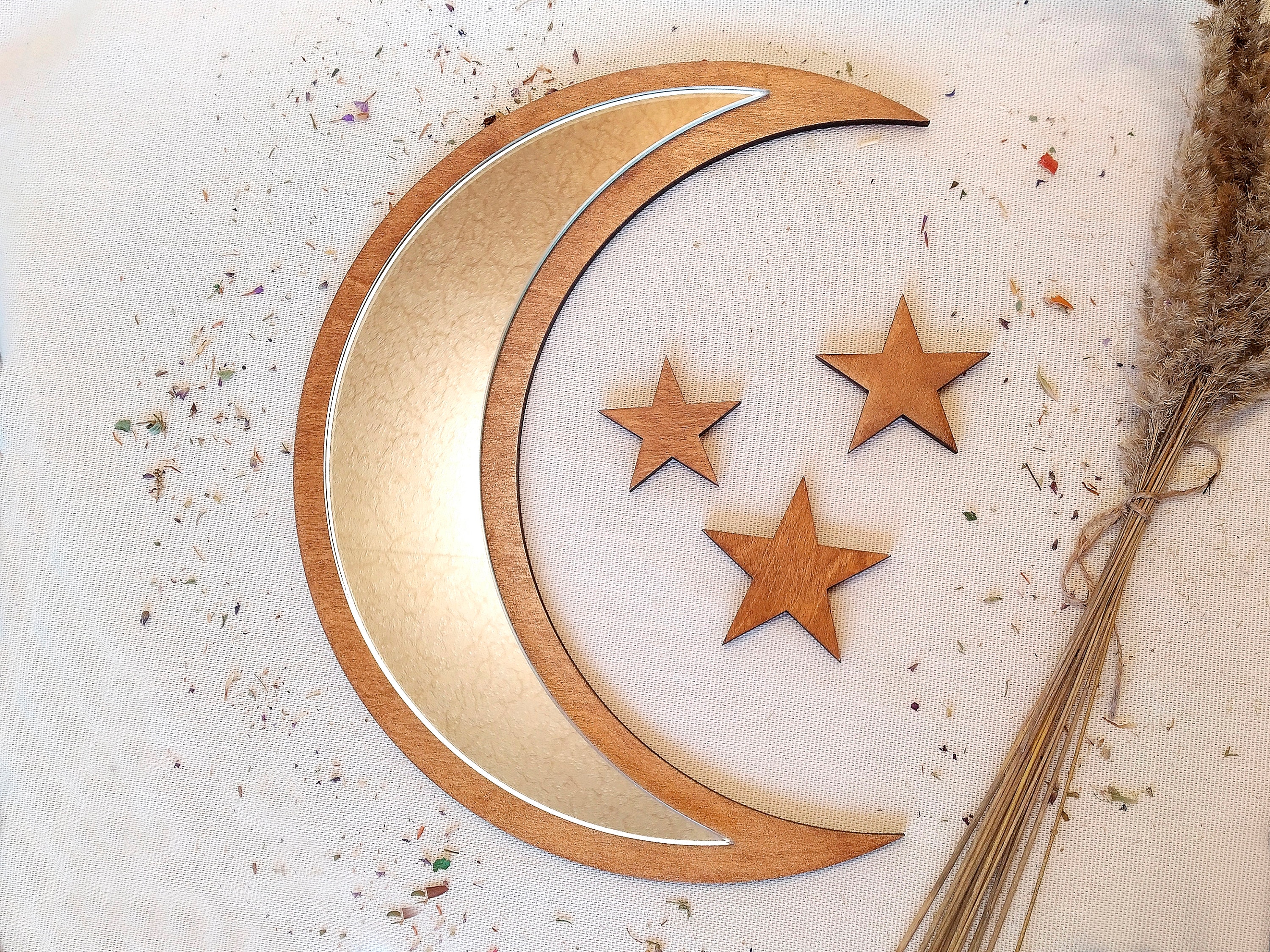 Moon mirror, Moon stars nursery decor, Brown wooden decorative mirror, Moon shaped mirror, Moon wall hanging mirror