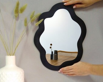 Small Black Irregular Mirror, Wood Wavy Asymmetrical Oval Decor