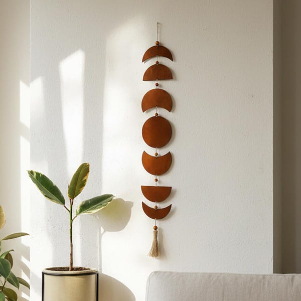 Moon phase boho wall hanging decor, Bohemian lunar garland, Phases of the moon banner with wooden beads