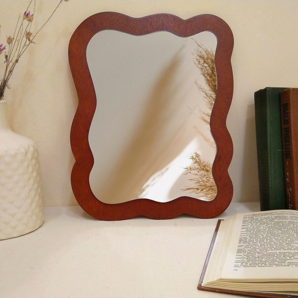 Squiggle Wood Frame Mirror, Irregular Shape Table Mirror Trendy Design, Rectangular Wavy Mirror Wall Decor, Small Wavy Mirror 13.8" - Etsy