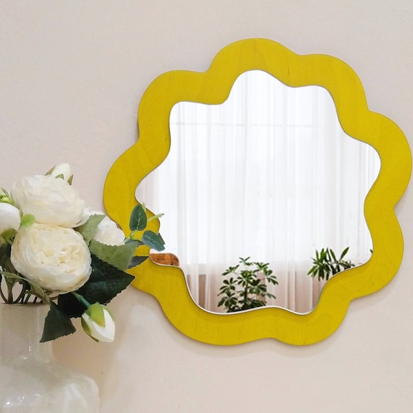 Small asymmetrical mirror wall decor yellow, Irregular round mirror, Funky decorative mirror, Circle wavy mirror cute decor for wall