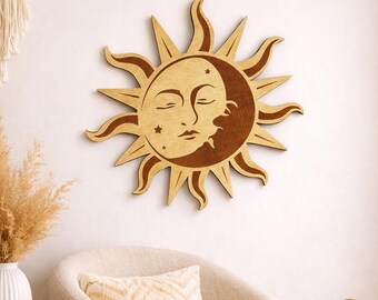 微笑む太陽 木彫りフェイス 壁掛けインテリア 太陽と月の顔の壁飾り、ボヘミアン風の子供部屋アート、木製の天体