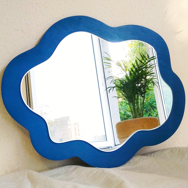 Miroir nuage ondulé bleu foncé, décoration murale miroir irrégulière, miroir asymétrique, miroir décoratif, miroir esthétique, miroir nuage pour chambre d'enfant