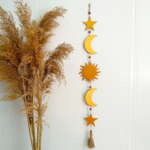 Boho wall decor sun moon stars gold, Sun moon stars garland, Rustic celestial banner, Nursery boho wall hanging, Rustic wall decor