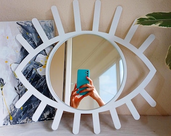 Espejo blanco con ojo turco para decoración de pared - Amuleto protector para el hogar, ideal para decorar una sala de yoga.