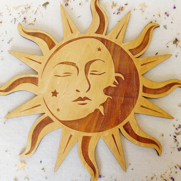 Decoración de sol y luna, Cara de luna, Cara de sol de madera, Arte de pared de sol y luna de madera, Colgante de pared solar