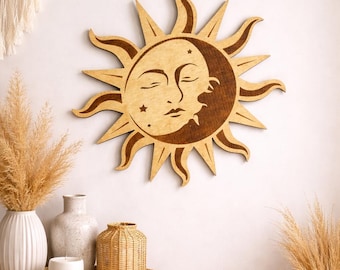 木製の太陽と月の顔の壁掛けアート、子供部屋やリビングルームの