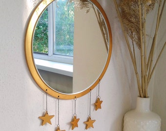 Boho-Wanddekor-Spiegel mit Sternen aus Holz, goldener Boho-Spiegel, himmlischer Boho-Wandbehang, Schlafzimmer-Wanddekoration, Boho-Geschenk zur Wohnungserwärmung