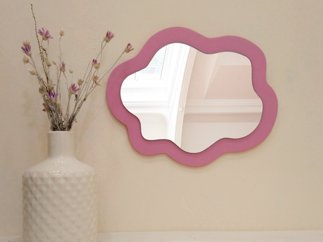 Boho Wall Decor Wiggle Cloud Mirror, Squiggle Pink Mirror, Oval