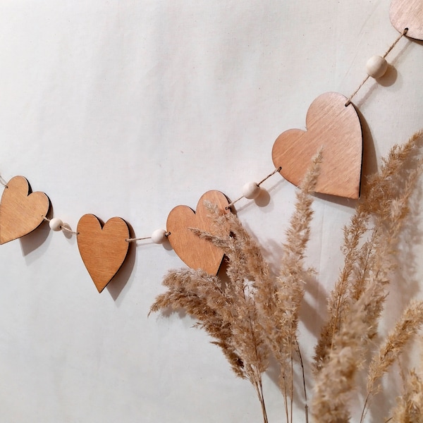 Wooden heart garland boho wall decor, Wood heart rustic banner, Fireplace wooden heart bunting