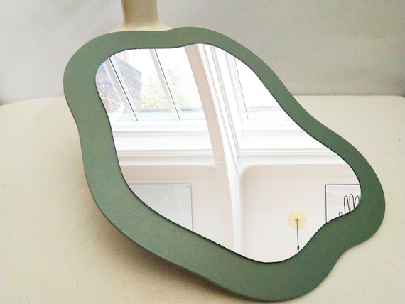 Small wall mirror sage green decor, Vanity mirror, Asymmetrical mirror, Wavy mirror, Mirror wall decor for wall, Entry handmade mirror olive