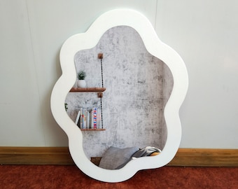 White irregular mirror small pond 13.8", Oval asymmetrical wood frame mirror for wall, Little wavy mirror wall decor