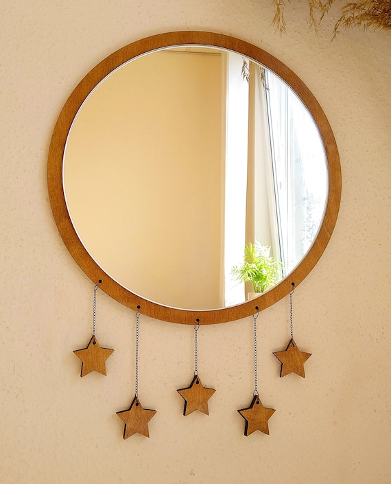 Decorative Hanging Mirror With Stars Small Wall Round Mirror Nursery Mirror Wall Decor Wooden Boho Mirror Circle Mirror for Kids Room Etsy