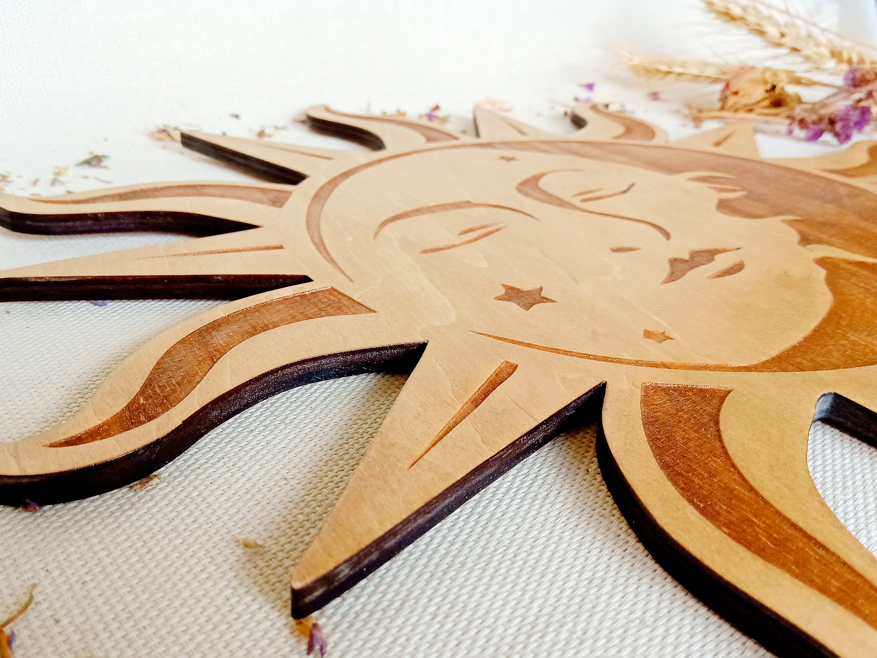 太陽と月の装飾、月の顔、木製の太陽の顔、木製の太陽と月の壁アート