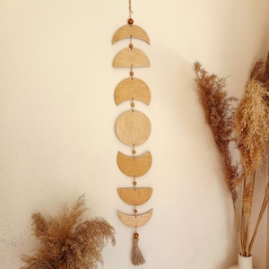 Beige moon phase wall hanging, Moon phase wall art,  Wooden moon phases boho decor