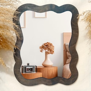 Wavy mirror wall decor, Asymmetrical mirror, Irregular Shape Mirror, Squiggle mirror boho, Wood rectangular mirror