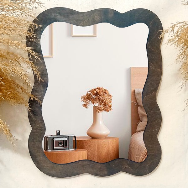 Décoration murale miroir ondulé, miroir asymétrique, miroir de forme irrégulière, miroir bohème gribouillis, miroir rectangulaire en bois