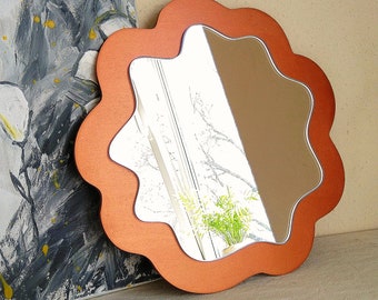 Irregular mirror copper frame color, Wood framed asymmetrical mirror, Orange gold accent mirror, Vanity mirror, Aesthetic room decor