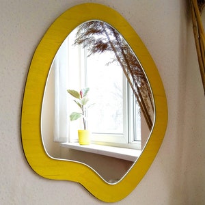 Bright yellow decorative mirror, Wavy mirror wall decor, Handmade oval mirror, Accent  modern mirror, Vanity mirror, Aesthetic room decor